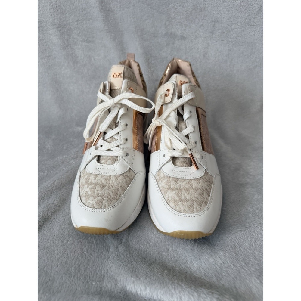 Michael Kors Rose Gold Georgie Trainer Sneakers Heels SZ 9 Leather Canvas Pink - Picture 4 of 9